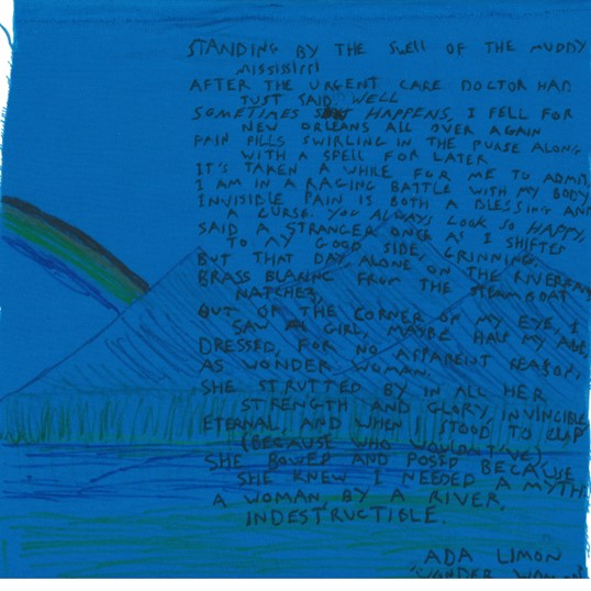 A poem written over a picture of a rainbow going behind mountains next to a river.

The poem is "Wonder Woman" by Ada Limon.