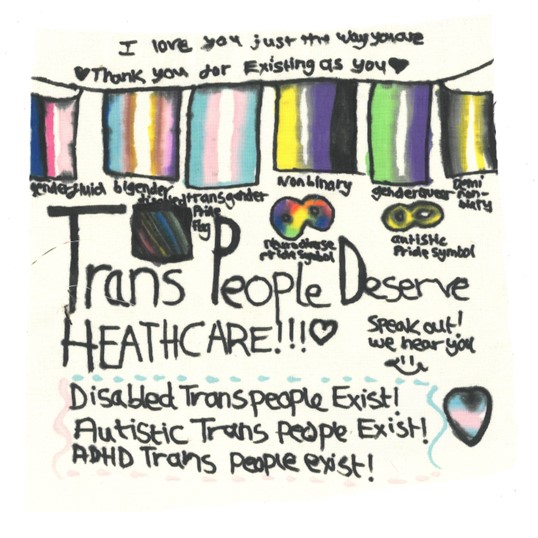 A selection of hanging trans+ pride flags plus the disabled pride flag, the neurodiverse pride symbol and the autistic pride symbol (all labelled) on a white square. The section under them has text that reads:

Trans People Deserve HEALTHCARE!!!

Speak out! we hear you [smily face]

Disabled Trans people Exist!
Autistic Trans people Exist!
ADHD Trans people exist!