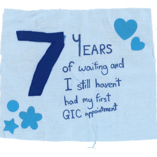 Text on blue square decorated with foam shapes at two corners. The text reads: 7 YEARS of waiting and I still haven't had my first GIC appointment