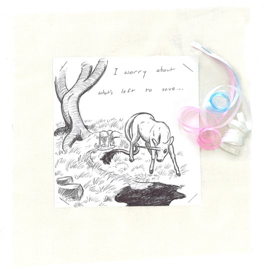A picture of a unicorn on white paper attached to a white square, decorated with ribbon. The unicorn is deer-like is watching water run into a black puddle. Text above reads: I worry about what's left to save…