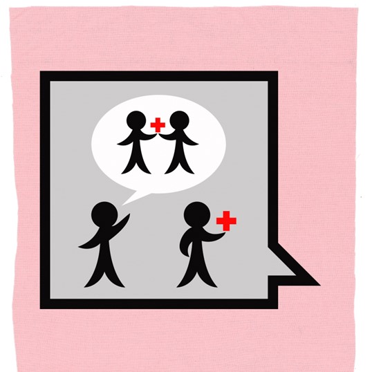 One of the TACC chat images: a square speech bubble on a pink square. It depicts two figures: one holding a red cross away from the other, who is speaking about two figures holding the cross together.