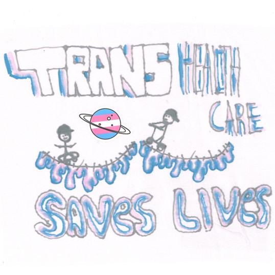 Text in trans pride colours around an image on a white square. The image has a trans pride planet sticker and two stick figures skating over top surgery scars that are dripping with trans pride colours.

The text reads: TRANS HEALTH CARE SAVES LIVES