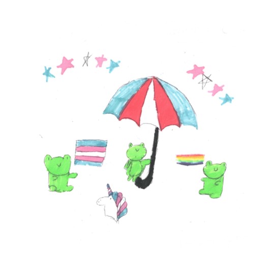 Three green frogs with a trans pride umbrella and some trans and gay pride decorations, on a white square.