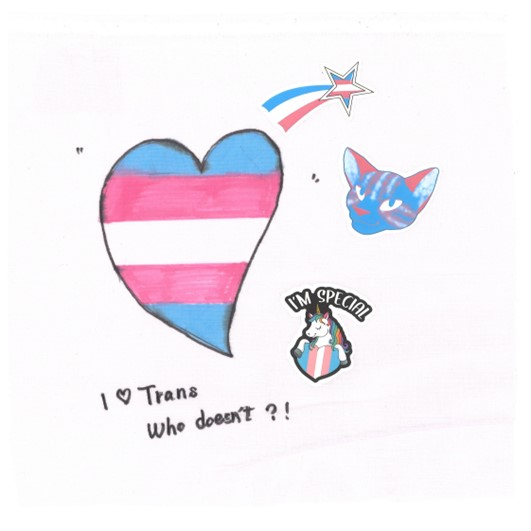 A big heart in trans pride colours decorated with stickers on a white square. Text below it reads: I [heart] Trans
Who doesn't?!